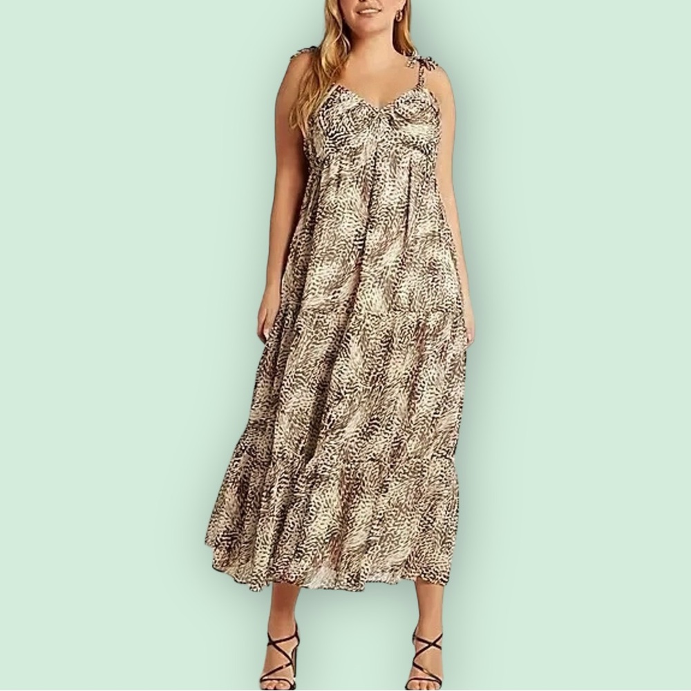 Express Tiered Tie Strap Animal Print Maxi Dress Women’s M (8/10) Brown/Cream